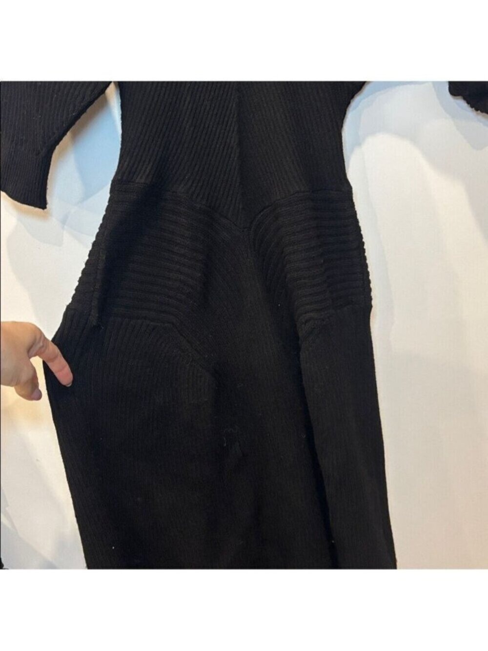 Anthropologie Black Ribbed Knit Sweater Midi Dress Flutter Sleeve Small NWT 0598 - Picture 5 of 9